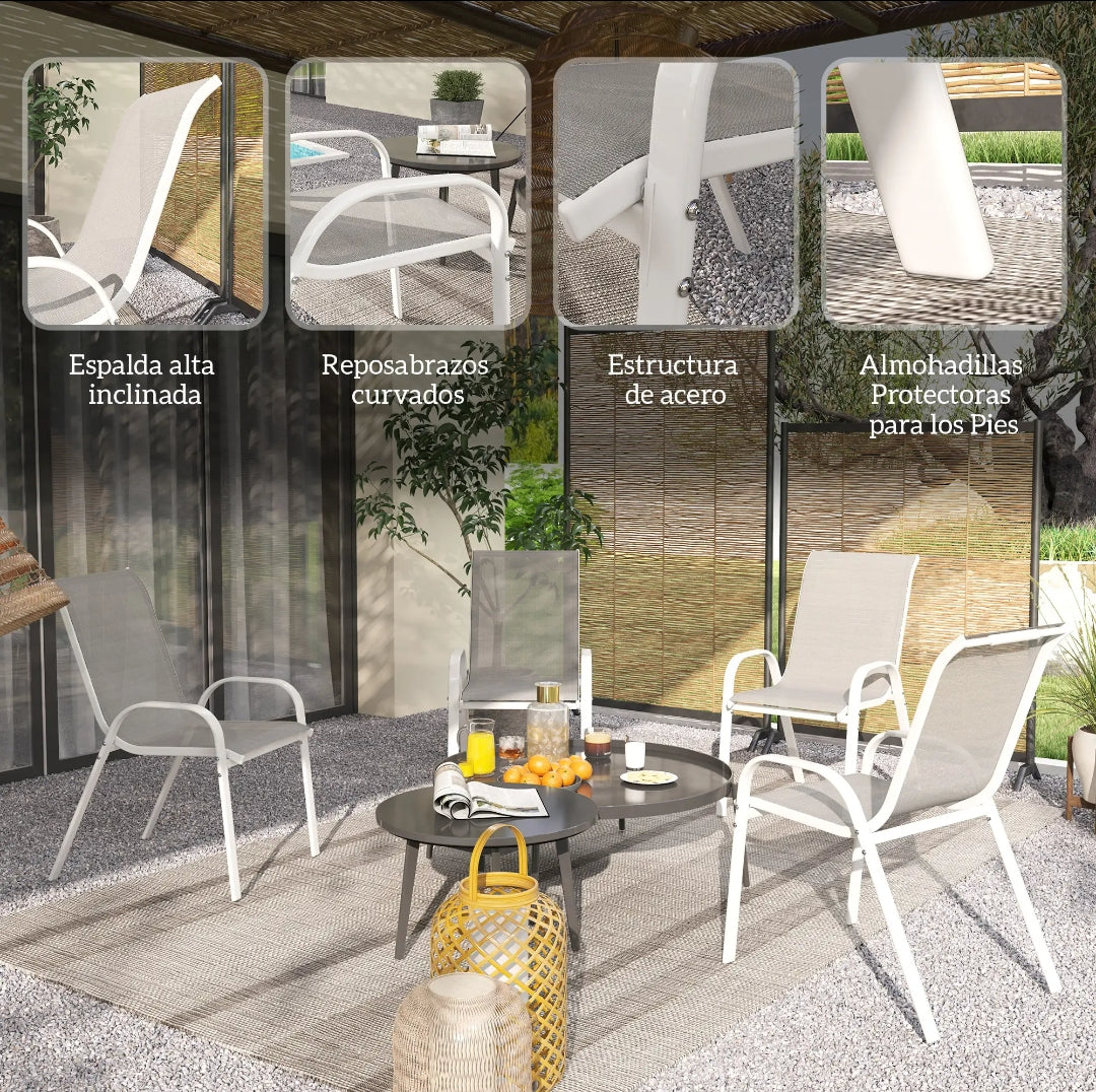 Juego de 4 Sillas de Jardín Apilables de Textileno con Reposabrazos | Terraza y Exterior | MooM Decó