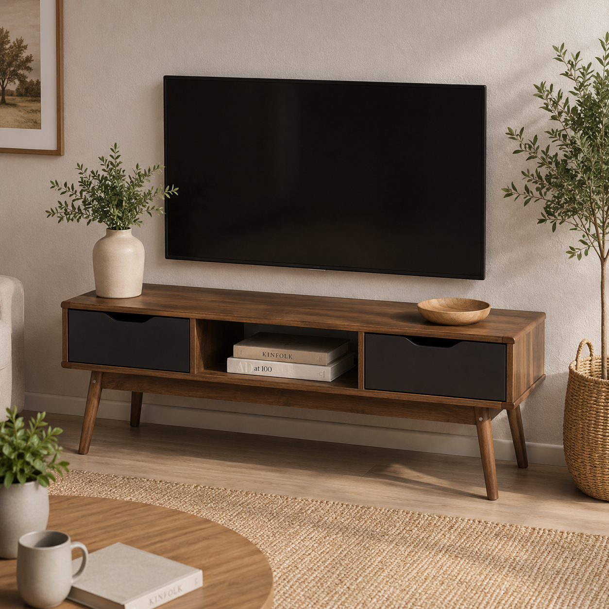 Mueble TV 122 cm con 2 Cajones y Compartimento Abierto | MooM Decó