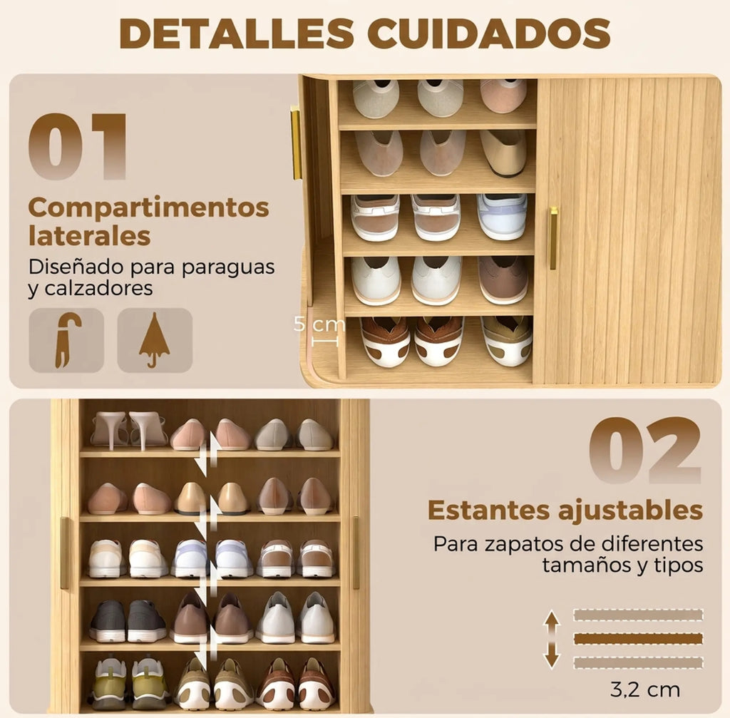 Zapatero Roble con Puertas Correderas para 15 Pares | MooM Decó