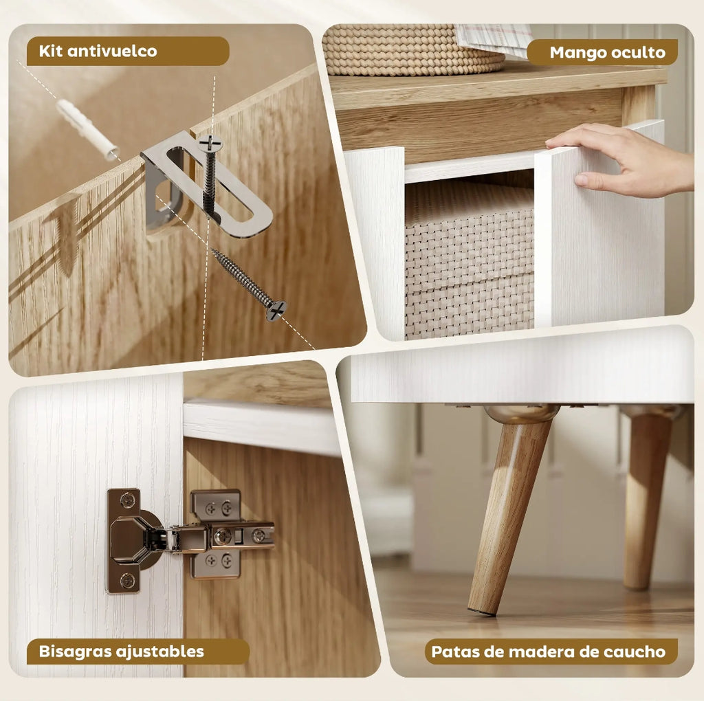 Aparador Nórdico Blanco y Roble con 3 Puertas y Estantes Ajustables para Salón y Comedor