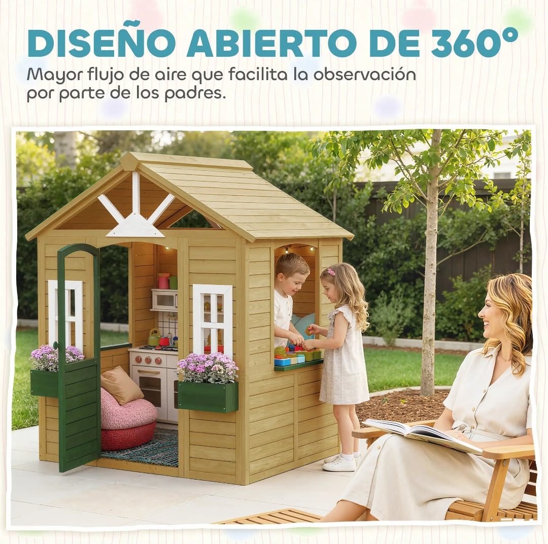 Casita Infantil de Madera para Jardín con Jardineras y Ventanas | 134,5x97x150 cm | MooM Decó