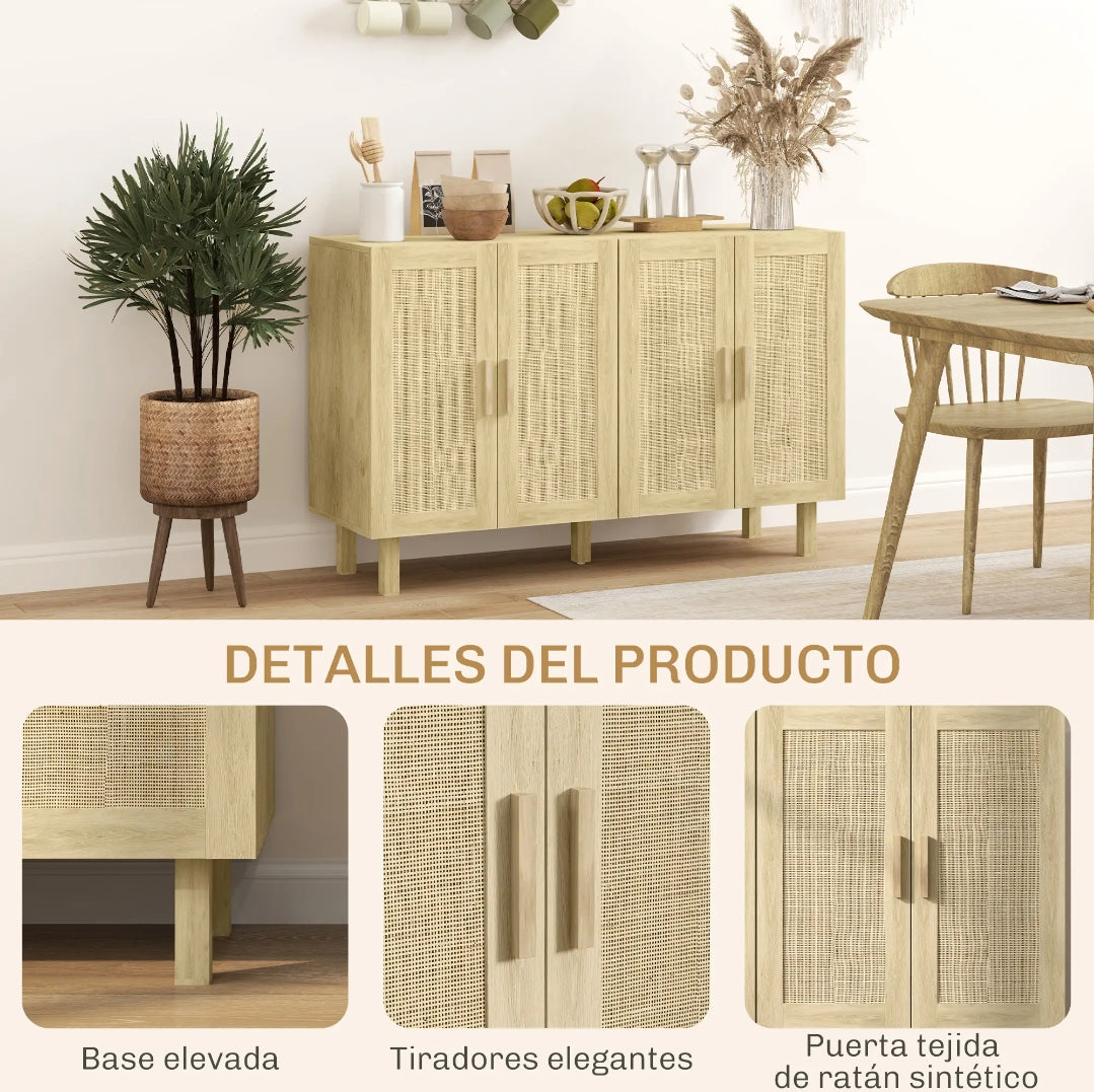 Aparador Cannage de 4 Puertas con Estantes Ajustables Estilo Boho Natural 120 cm