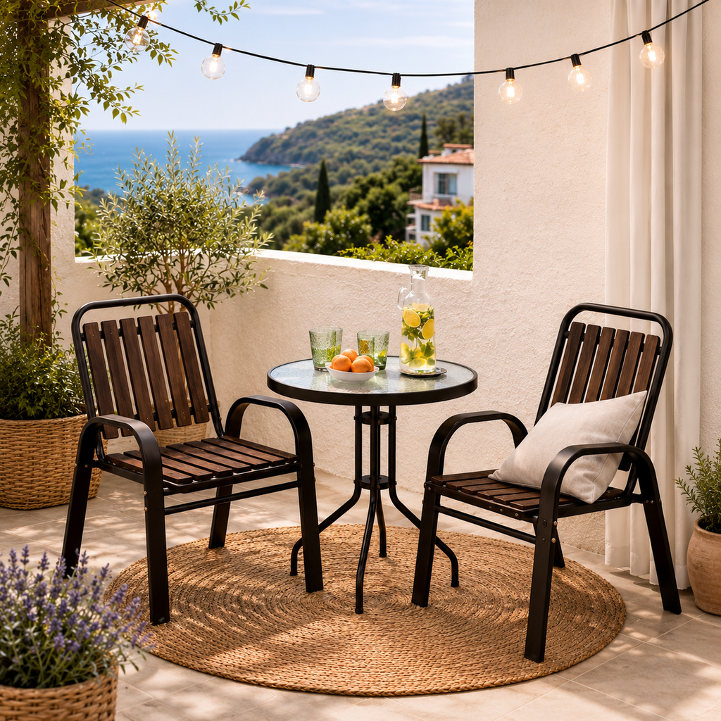 Conjunto de Jardín Bistro 3 Piezas con 2 Sillas Apilables y Mesa Redonda de Cristal Templado