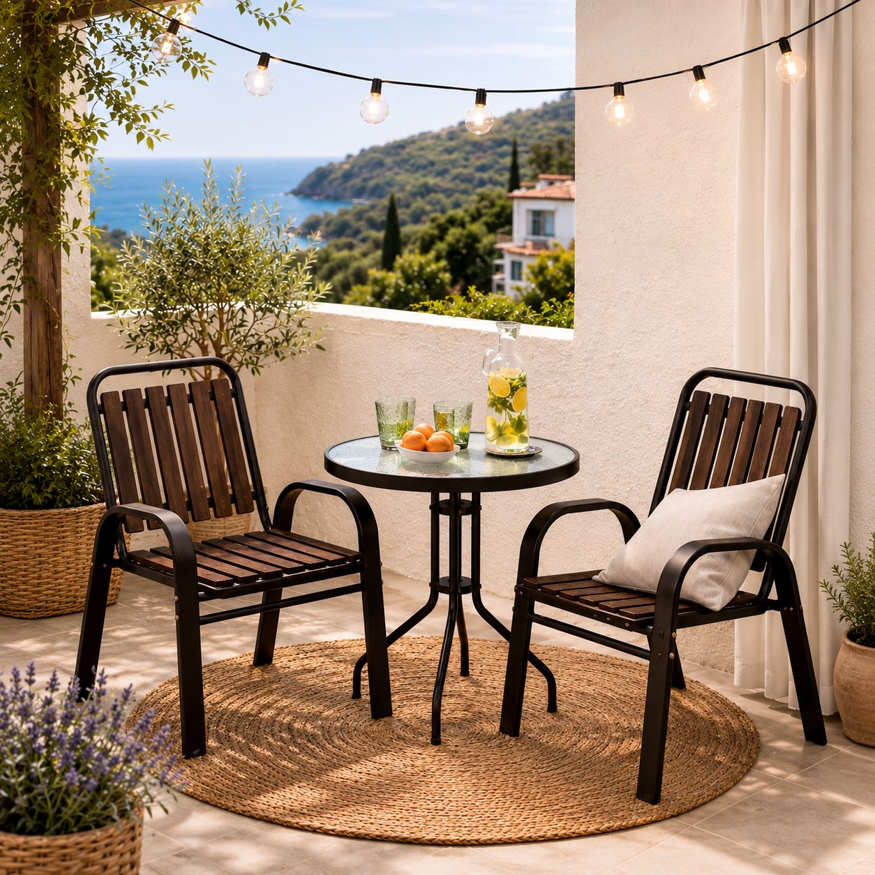 Conjunto de Jardín Bistro 3 Piezas con 2 Sillas Apilables y Mesa Redonda de Cristal Templado