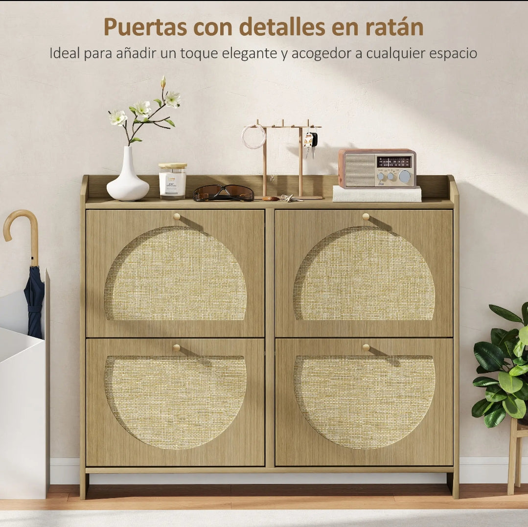 Zapatero Estrecho de Ratán para 16 Pares | Mueble Recibidor Nórdico 104,5 cm | MooM Decó