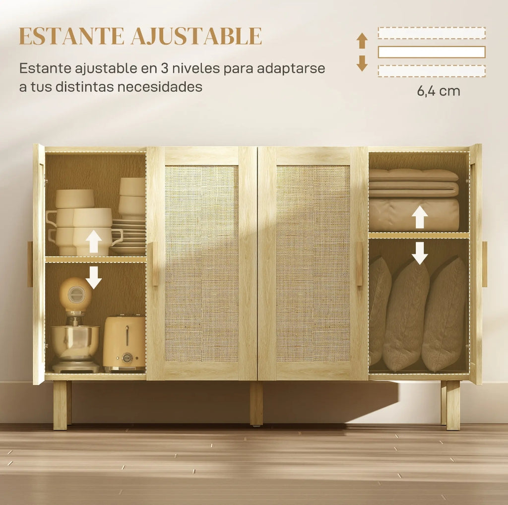 Aparador Cannage de 4 Puertas con Estantes Ajustables Estilo Boho Natural 120 cm