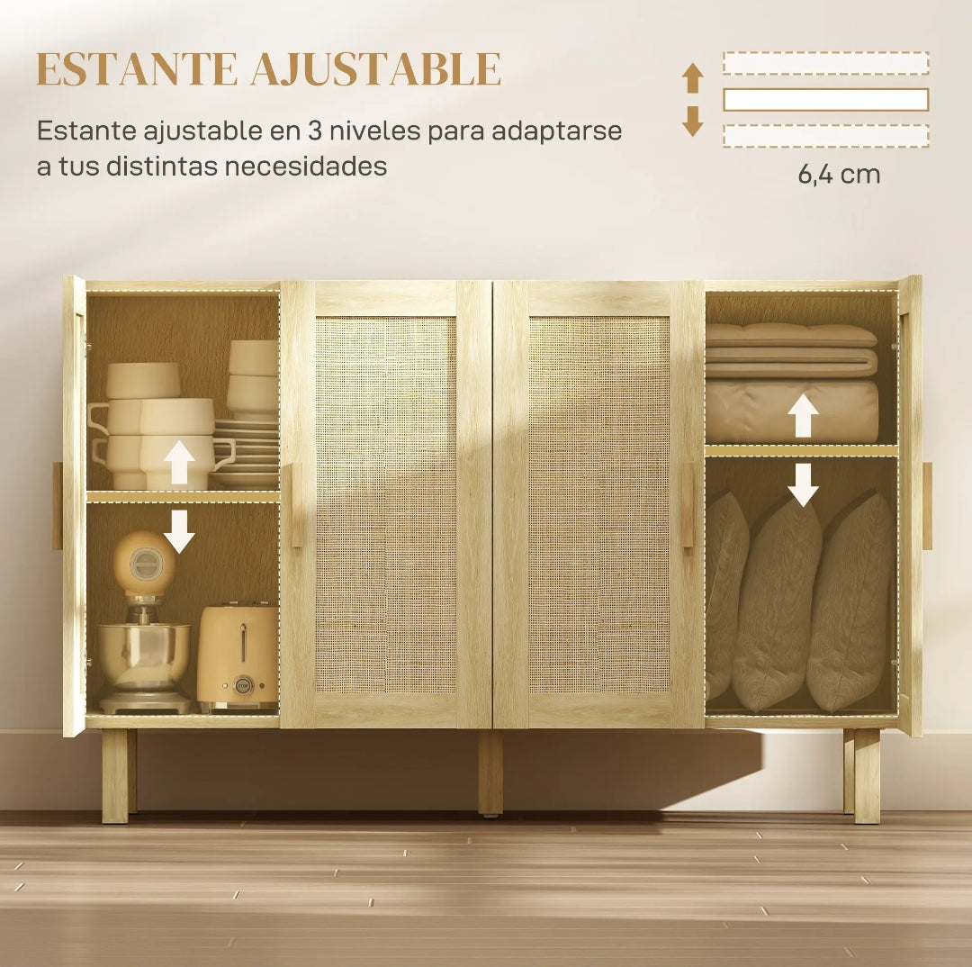 Aparador Cannage de 4 Puertas con Estantes Ajustables Estilo Boho Natural 120 cm