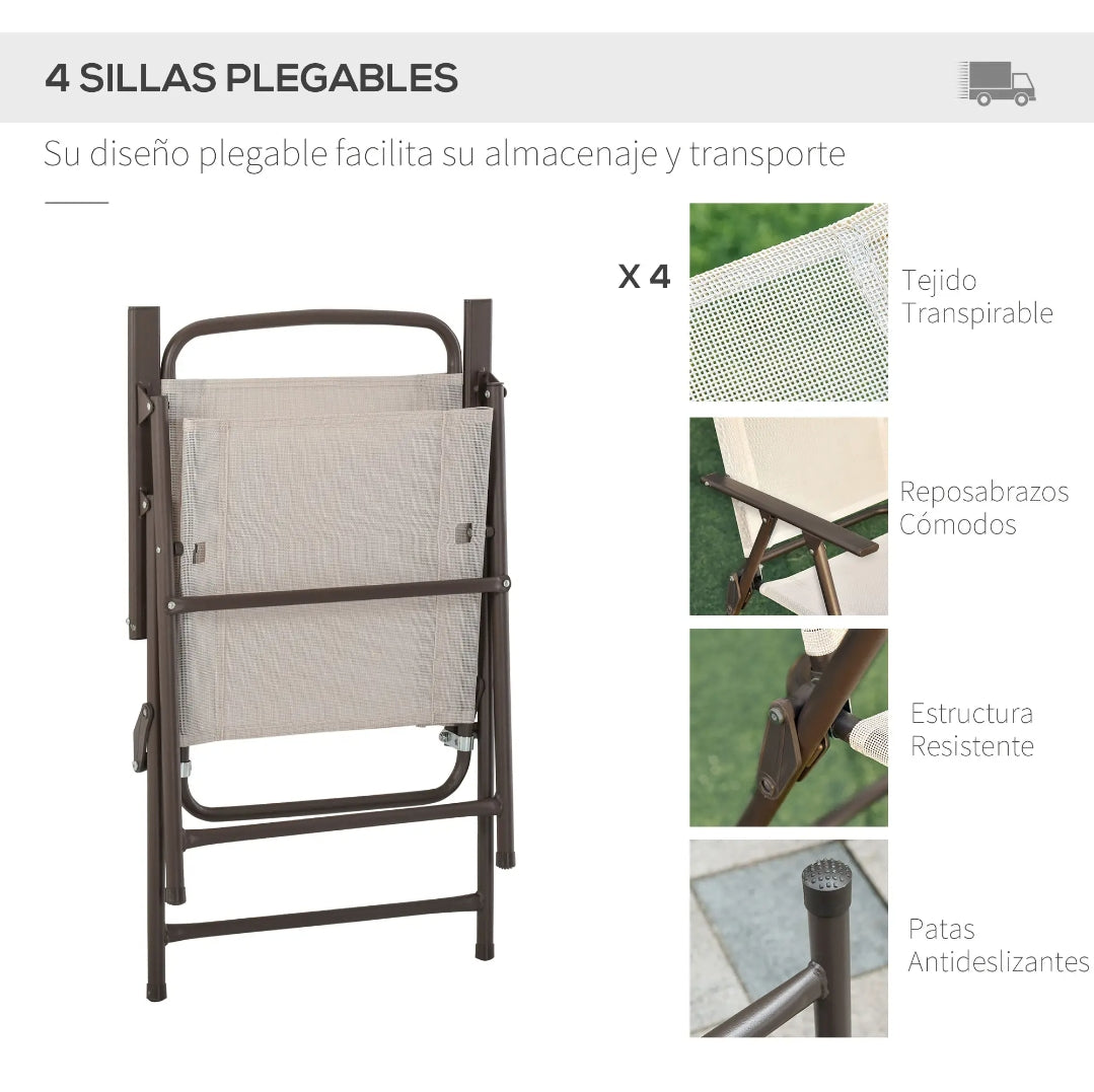 Conjunto de Jardín Plegable con 4 Sillas, Mesa de Cristal Templado y Sombrilla para Terraza y Exterior
