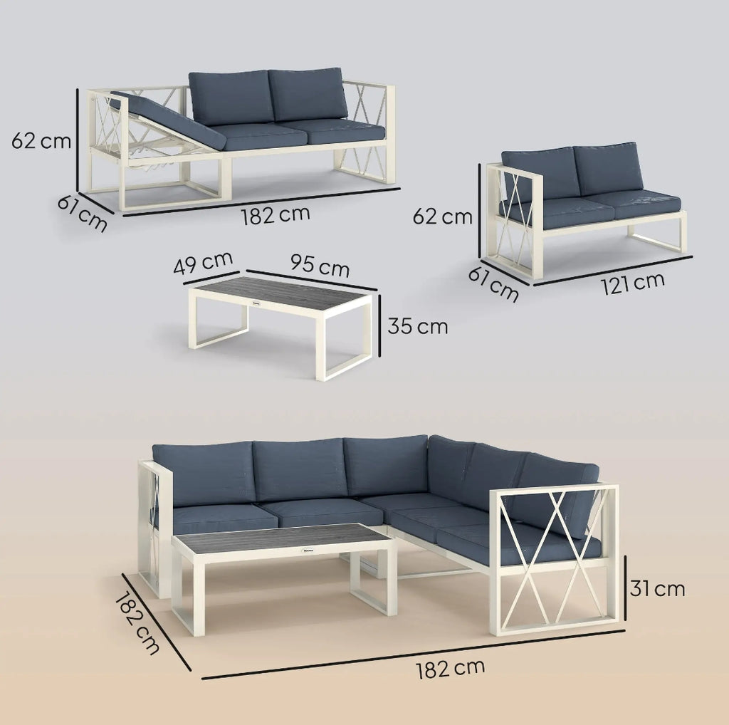 Conjunto de Jardín Modular 5 Plazas con Tumbona Reclinable, Sofás y Mesa de Centro Efecto Madera