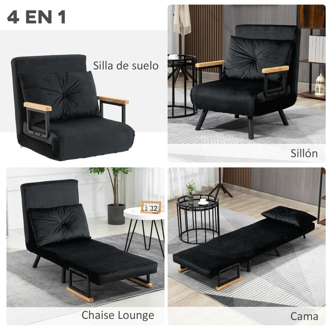 Sofá Cama Convertible 4 en 1 de Terciopelo con Respaldo Reclinable y Cojín