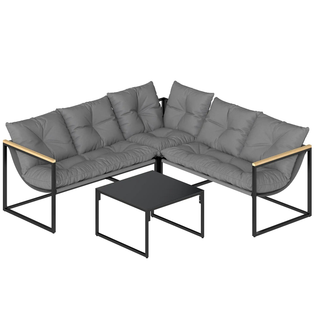 Conjunto de Jardín Esquinero 4 Piezas para 5 Personas con Cojines y Mesa de Cristal Templado