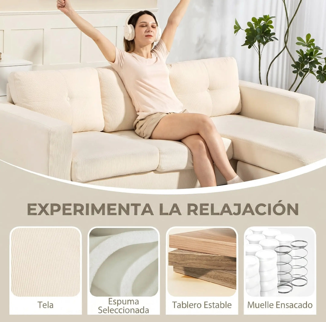 Sofá Chaise Longue Reversible de 3 Plazas en Pana Crema 192 cm | MooM Decó