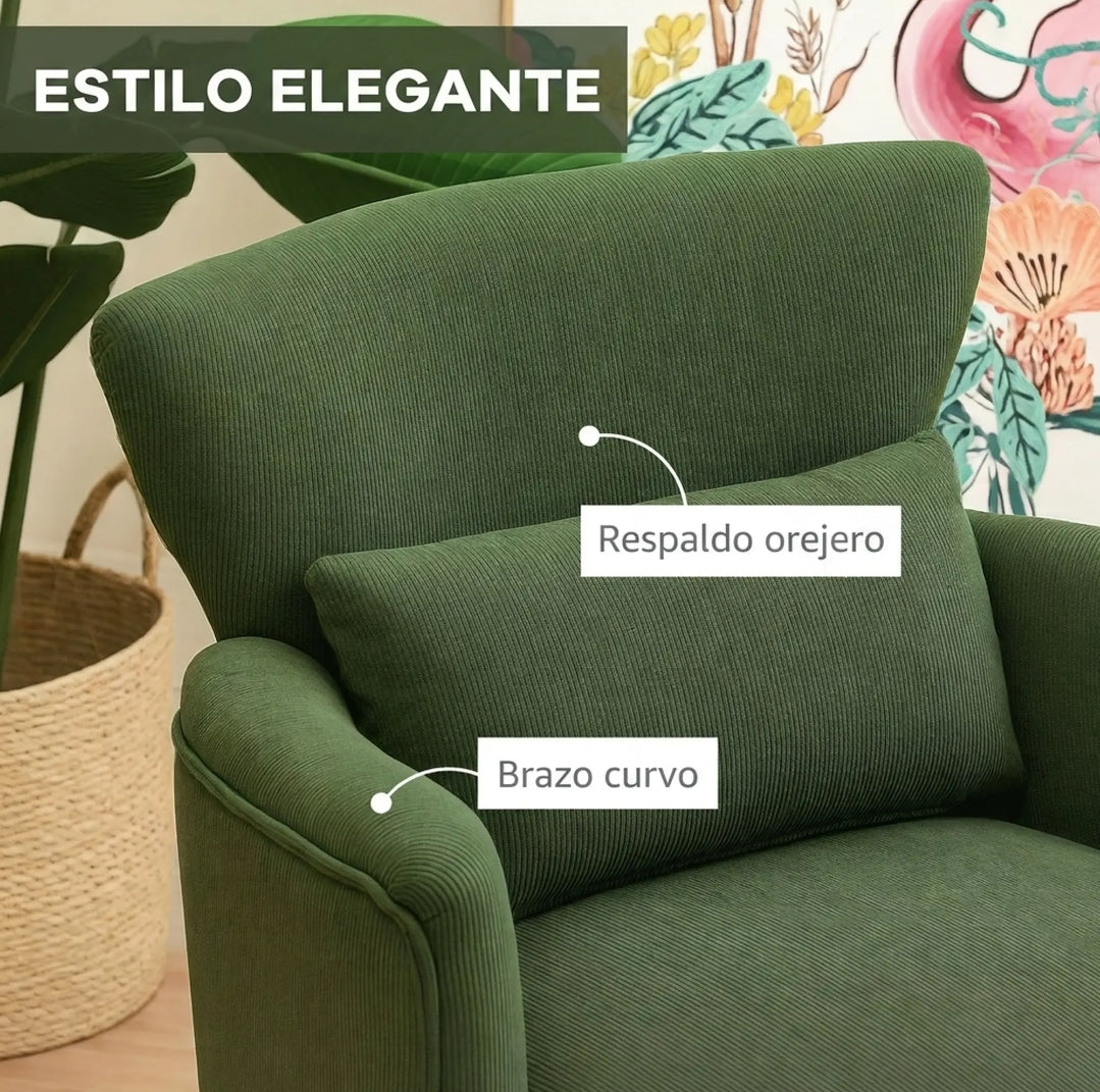Sillón Verde de Pana con Cojín Lumbar y Patas de Madera | MooM Decó