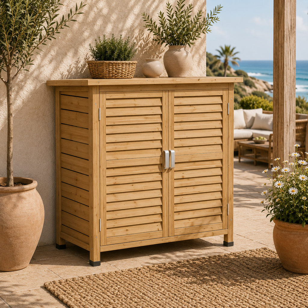 Armario de Exterior de Madera con 2 Estantes y Puertas de Persiana para Jardín y Terraza 87x46,5x96,5 cm