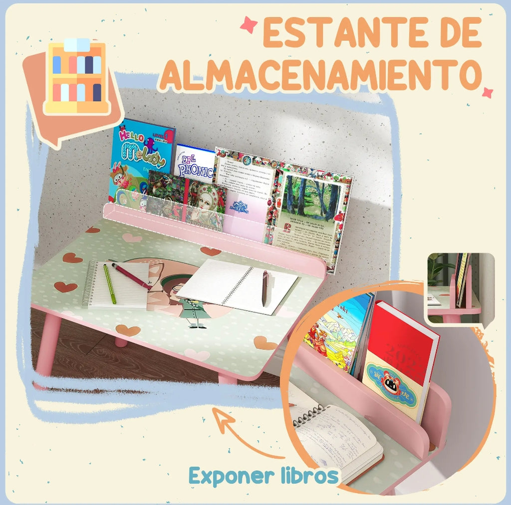 Mesa Infantil con Silla y Estante para Libros Rosa | MooM Decó