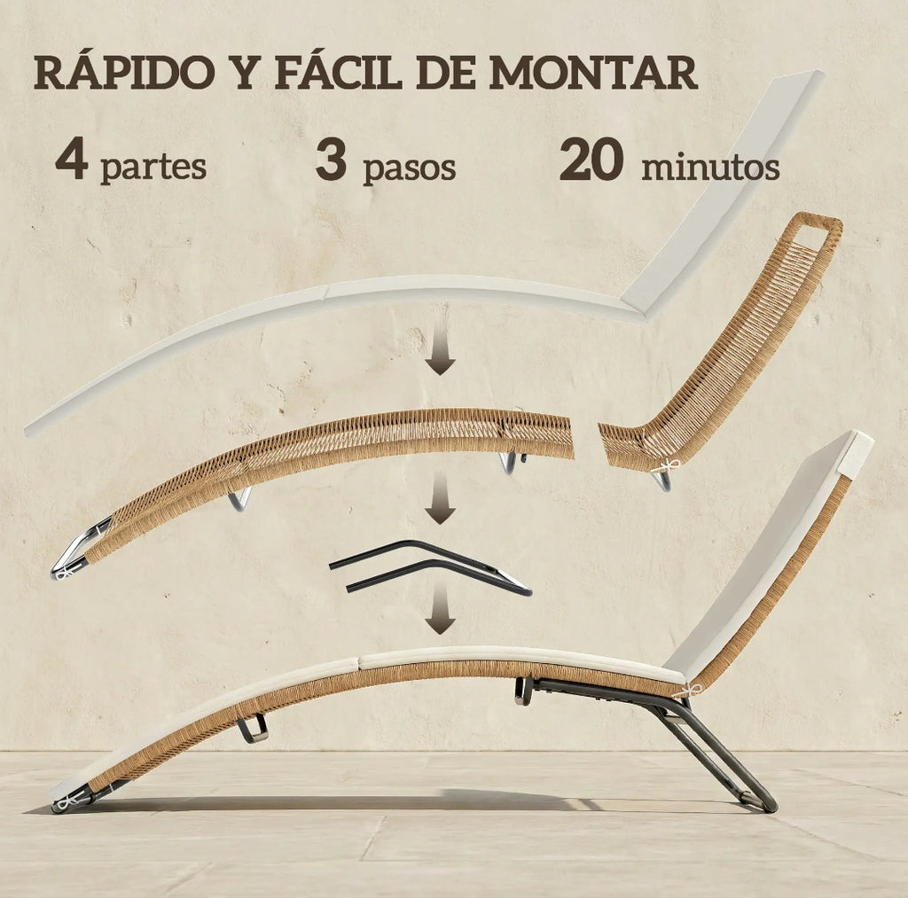 Tumbona de Jardín Ergonómica de Ratán PE con Cojín Largo y Diseño en S para Terraza y Piscina