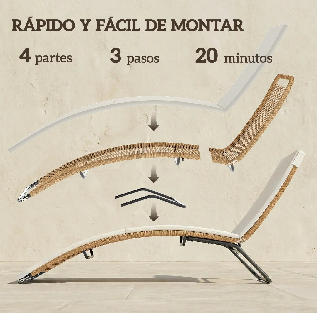 Tumbona de Jardín Ergonómica de Ratán PE con Cojín Largo y Diseño en S para Terraza y Piscina