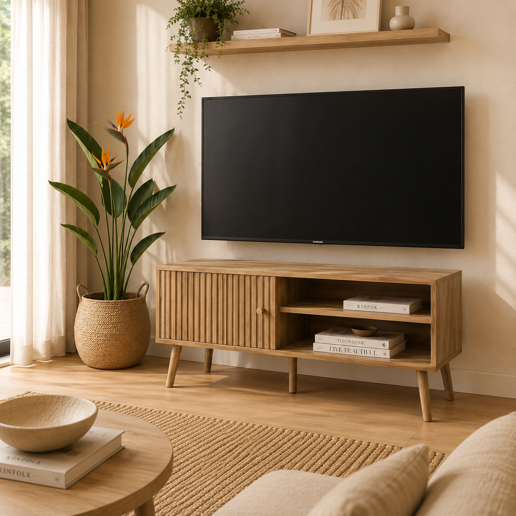 Mueble TV Moderno con Puerta Acanalada y Almacenamiento para Televisores hasta 55 Pulgadas