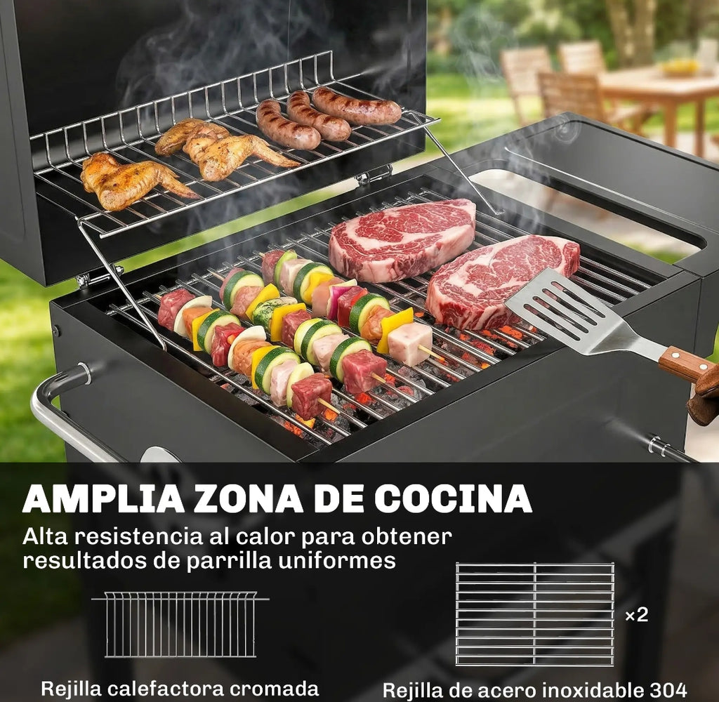 Barbacoa de Carbón con Tapa, Termómetro y Ruedas para Jardín y Terraza