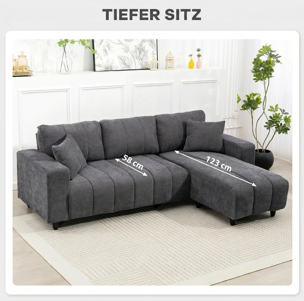 Sofá Chaise Longue Reversible 3 Plazas Beige 242 cm con Muelles Ensacados y 2 Almohadas