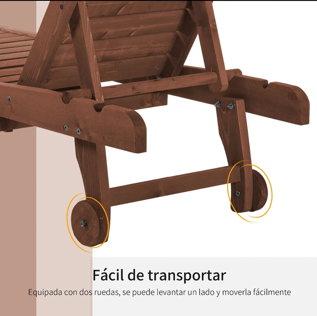 Tumbona de Madera con Ruedas y Bandeja Extraíble para Jardín, Terraza y Piscina