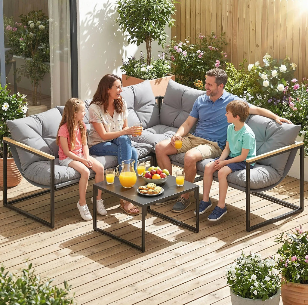 Conjunto de Jardín Esquinero 4 Piezas para 5 Personas con Cojines y Mesa de Cristal Templado