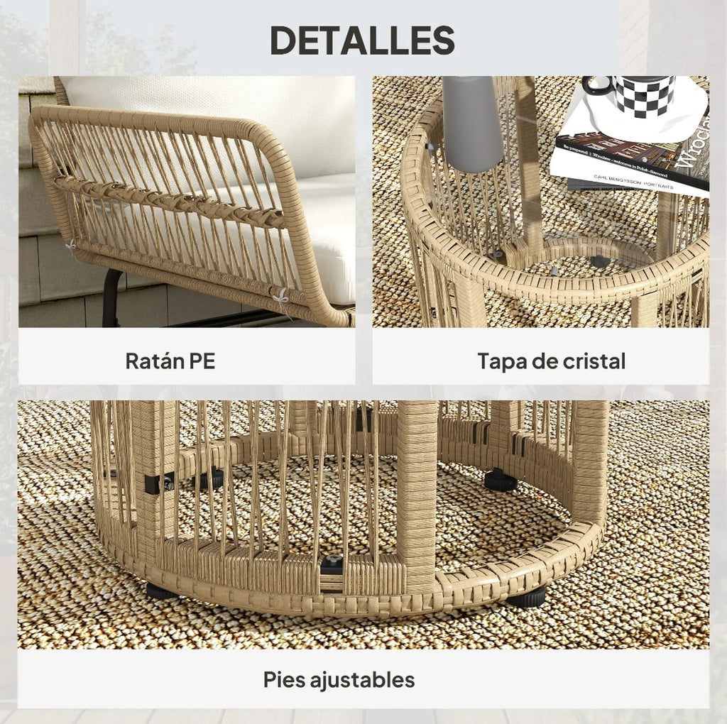 Conjunto de Jardín con Chaise Longue, Sofá 2 Plazas y Mesa Auxiliar de Ratán PE