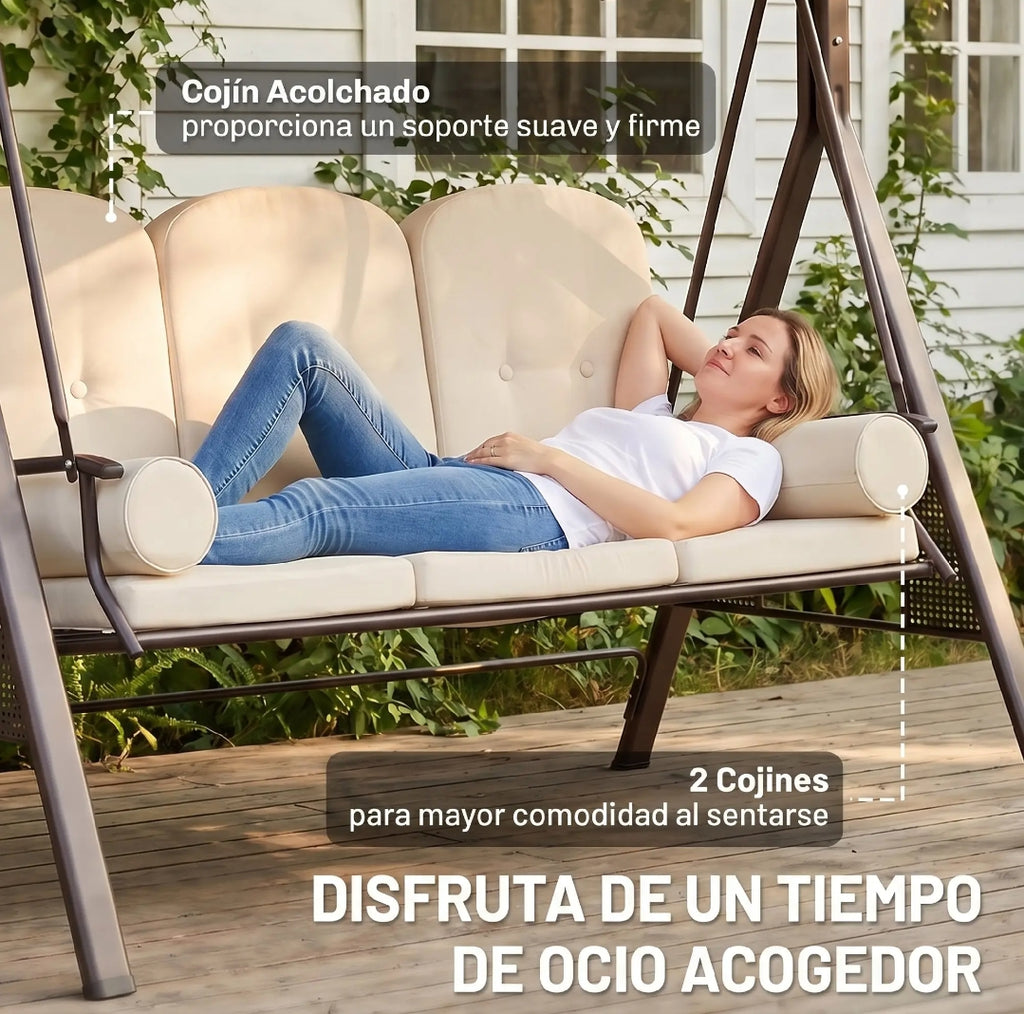 Balancín de Jardín 3 Plazas con Toldo, Cojines y Bandejas Laterales Beige
