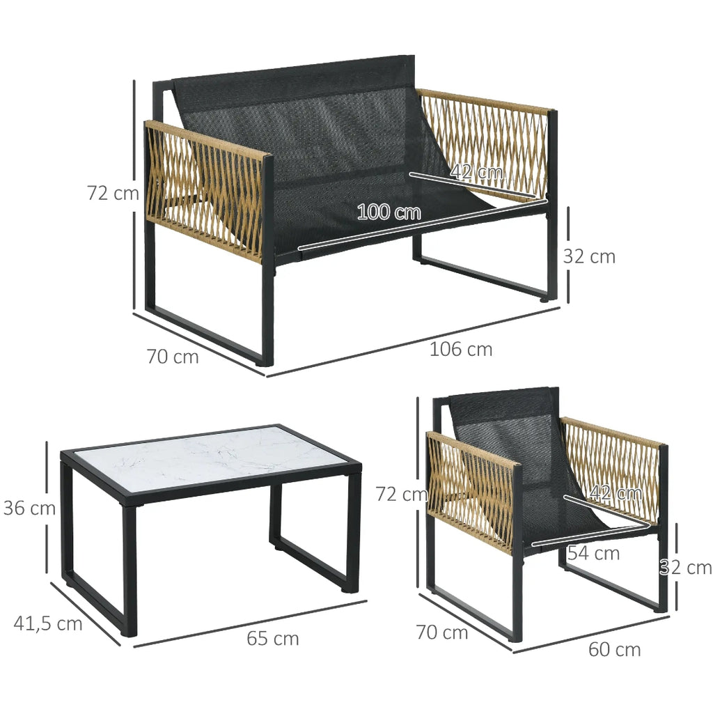 Conjunto de Jardín de Ratán Sintético 4 Piezas con Sofá, 2 Sillones, Mesa de Cristal y Cojines