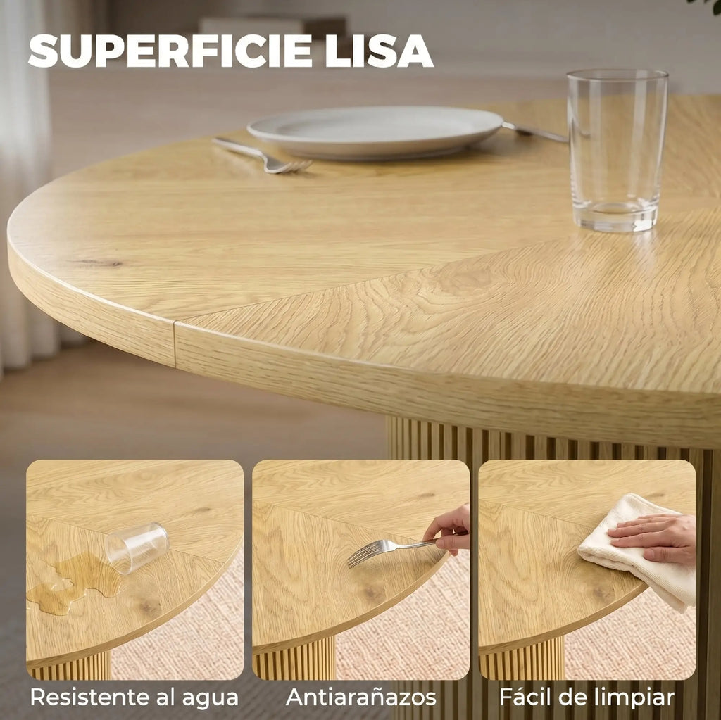 Mesa de Comedor Redonda Ø110 cm Efecto Roble con Pedestal Acanalado para 4-6 Personas | MooM Decó