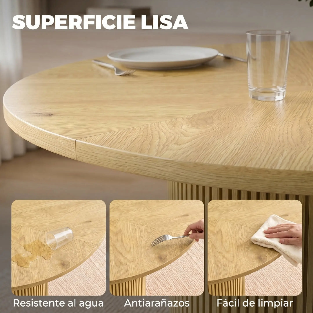 Mesa de Comedor Redonda Ø110 cm Efecto Roble con Pedestal Acanalado para 4-6 Personas | MooM Decó