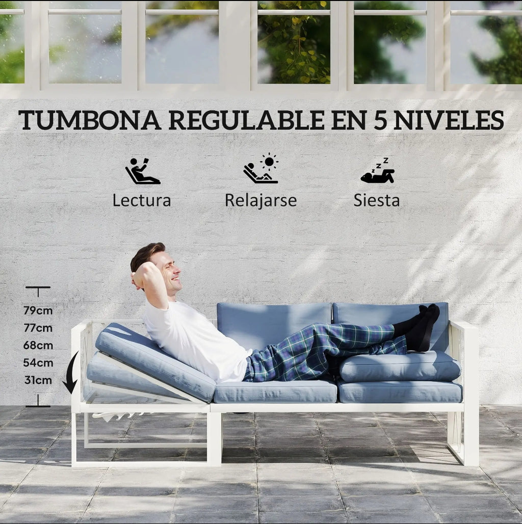 Conjunto de Jardín Modular 5 Plazas con Tumbona Reclinable, Sofás y Mesa de Centro Efecto Madera