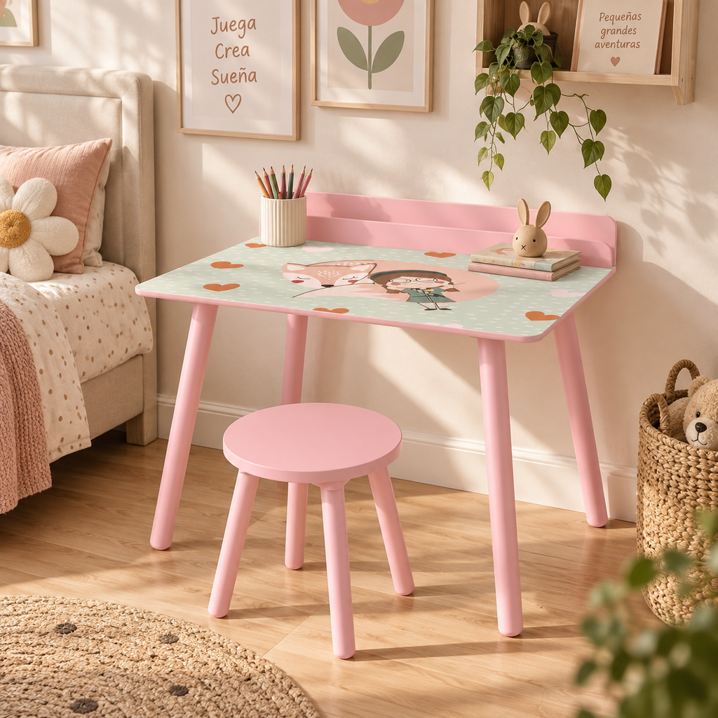 Mesa Infantil con Silla y Estante para Libros Rosa | MooM Decó