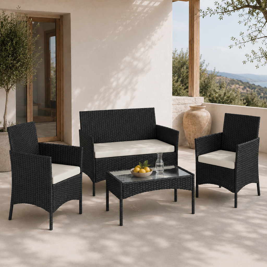 Conjunto de Jardín de Ratán Sintético 4 Piezas con Sofá, Sillones y Mesa de Cristal