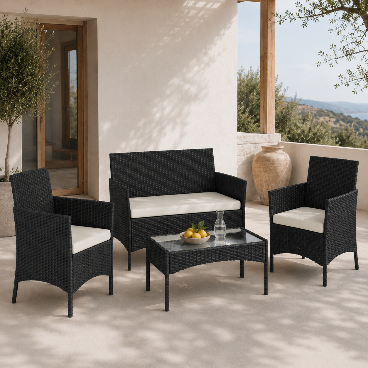 Conjunto de Jardín de Ratán Sintético 4 Piezas con Sofá, Sillones y Mesa de Cristal