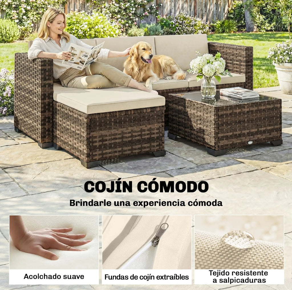 Conjunto Jardín Modular Ratán 5 Piezas con Mesa y Cojines | MooM Decó