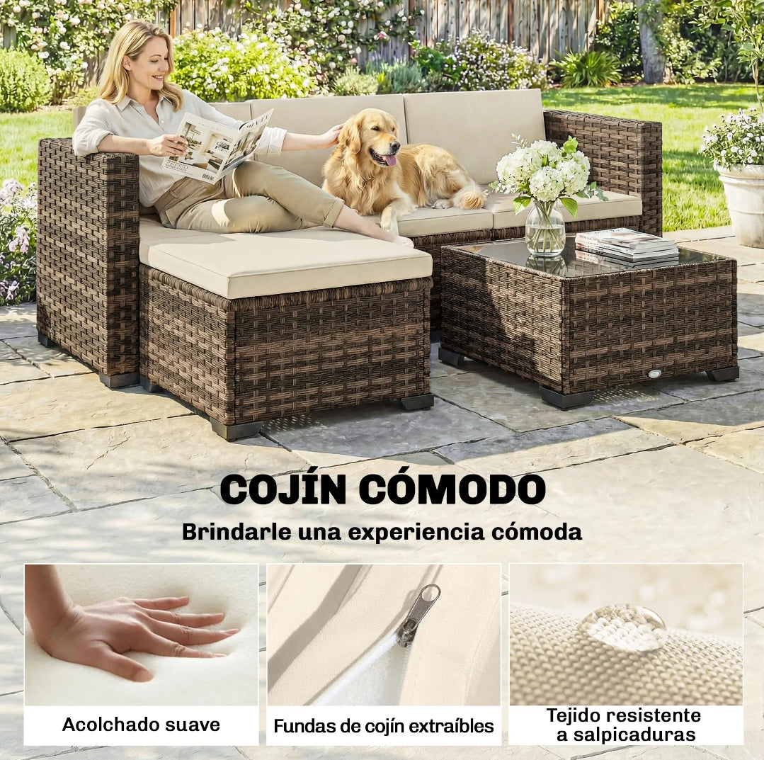 Conjunto Jardín Modular Ratán 5 Piezas con Mesa y Cojines | MooM Decó