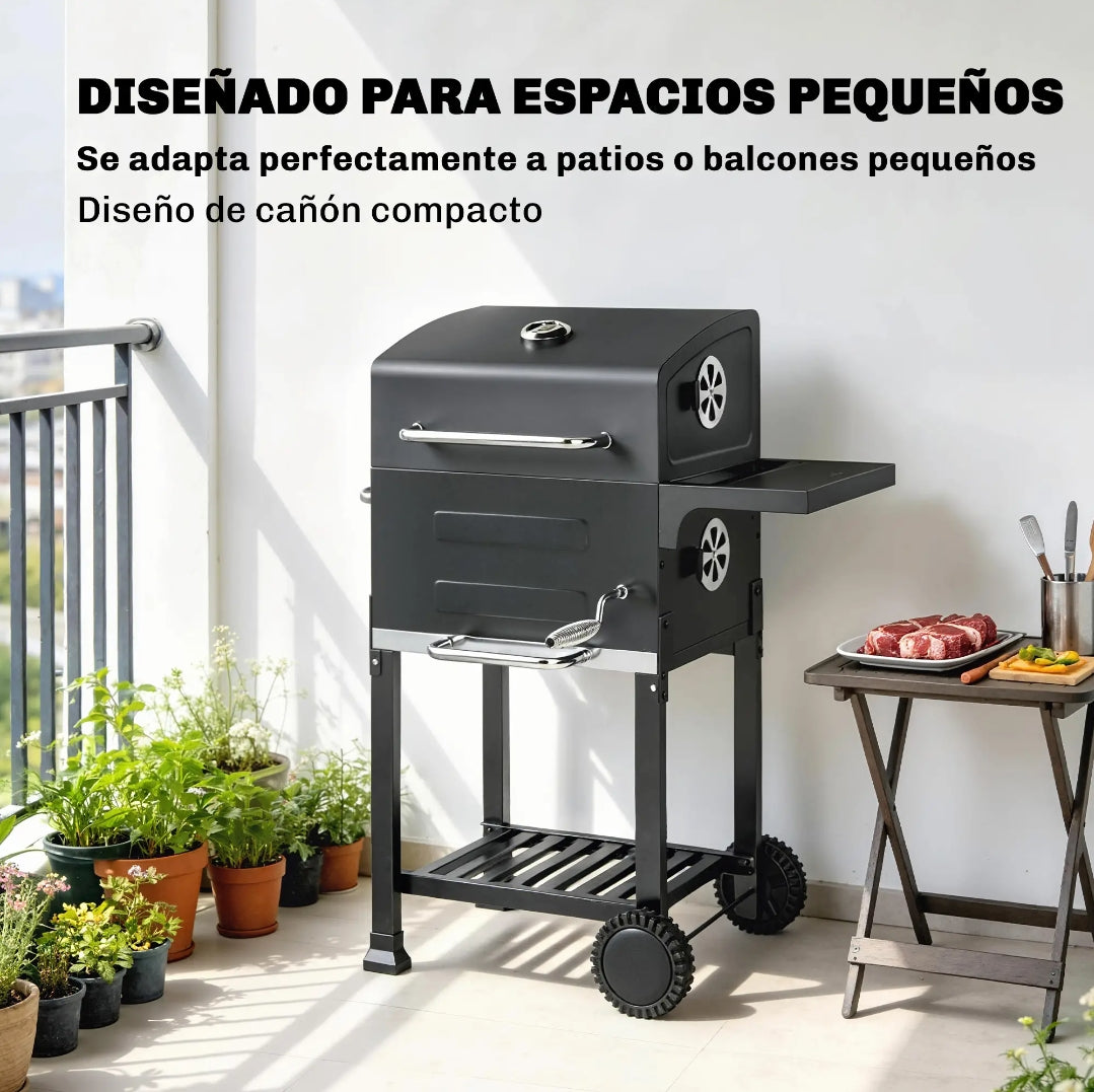 Barbacoa de Carbón con Tapa, Termómetro y Ruedas para Jardín y Terraza