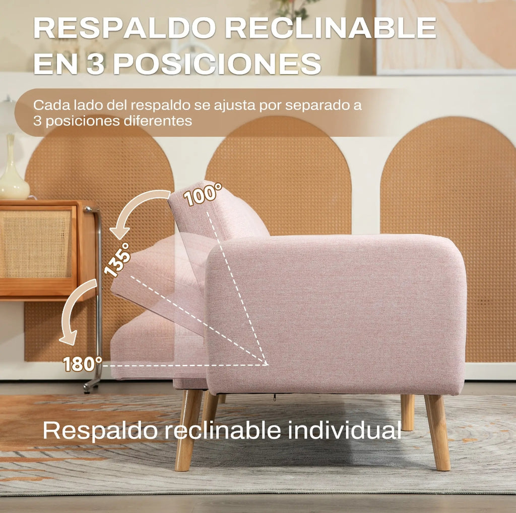 Sofá Cama Convertible de 3 Plazas con Respaldos Reclinables múltiposición y Patas de Madera Estilo Nórdico