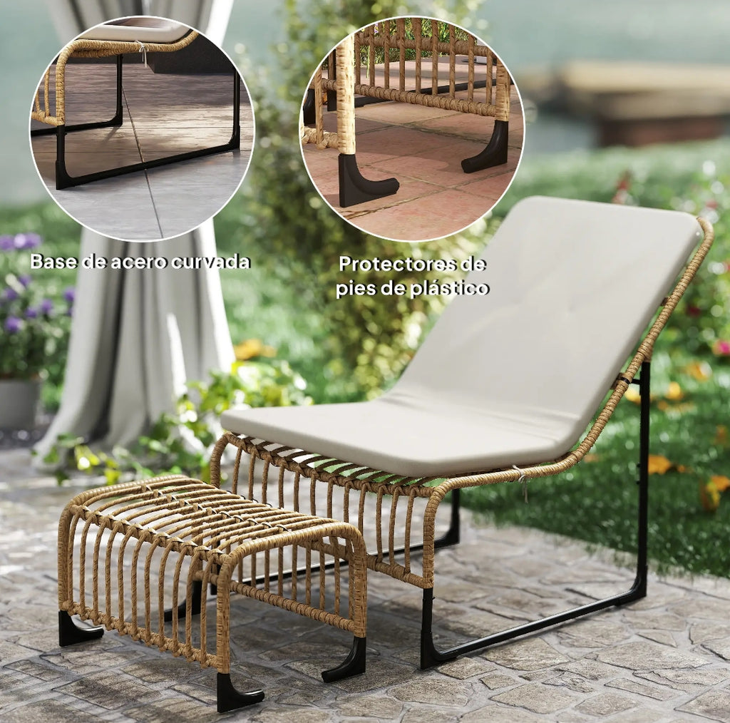 Sillón de Jardín con Reposapiés y Cojín de Ratán Sintético para Terraza y Exterior