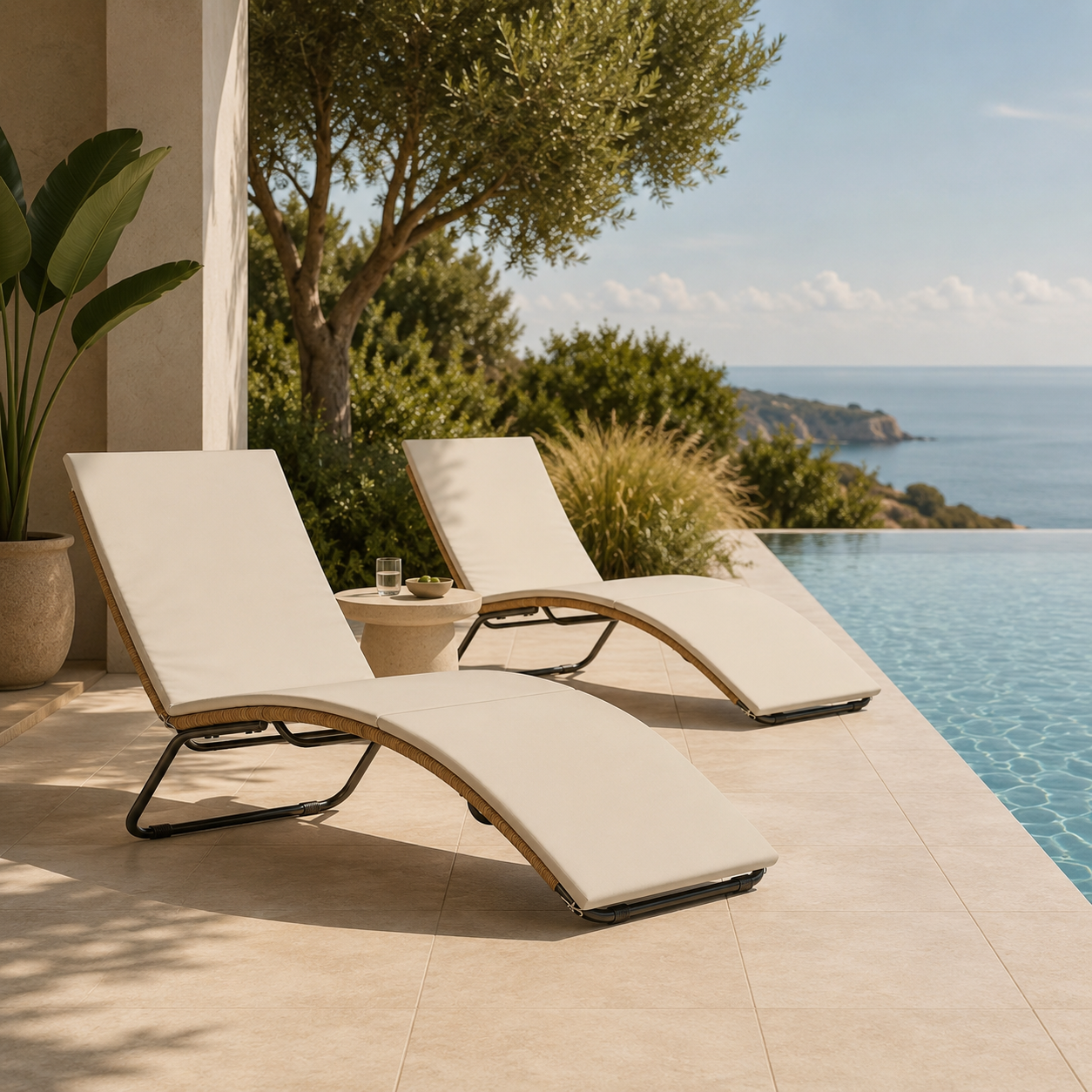 Tumbona de Jardín Ergonómica de Ratán PE con Cojín Largo y Diseño en S para Terraza y Piscina