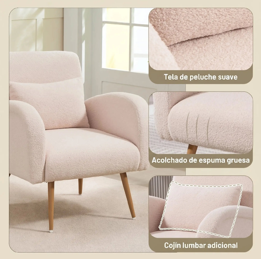 Sillón Beige Teddy con Cojín Lumbar y Patas Efecto Madera | MooM Decó