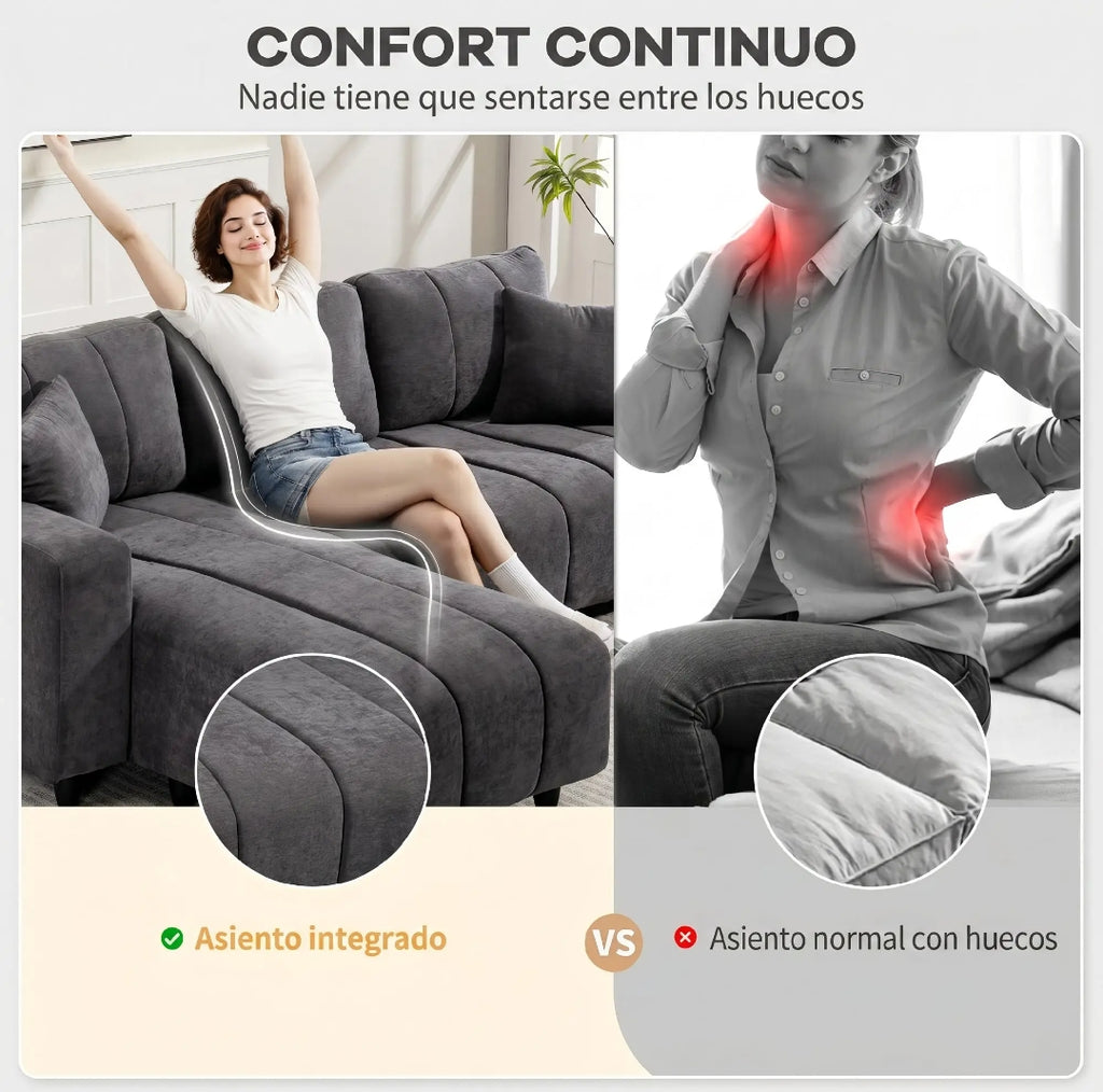 Sofá Chaise Longue Reversible 3 Plazas Beige 242 cm con Muelles Ensacados y 2 Almohadas