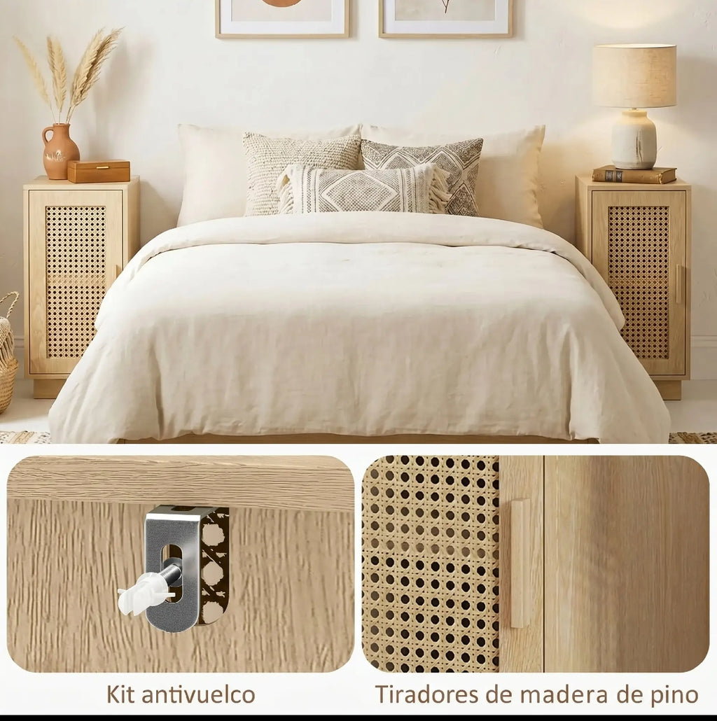 Juego de 2 Mesitas de Noche Boho con Puerta de Ratán Natural | MooM Decó