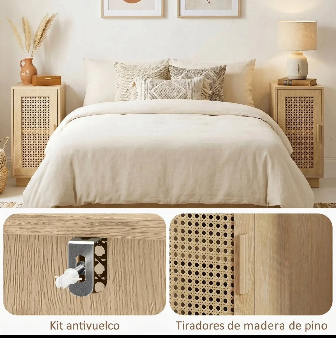 Juego de 2 Mesitas de Noche Boho con Puerta de Ratán Natural | MooM Decó
