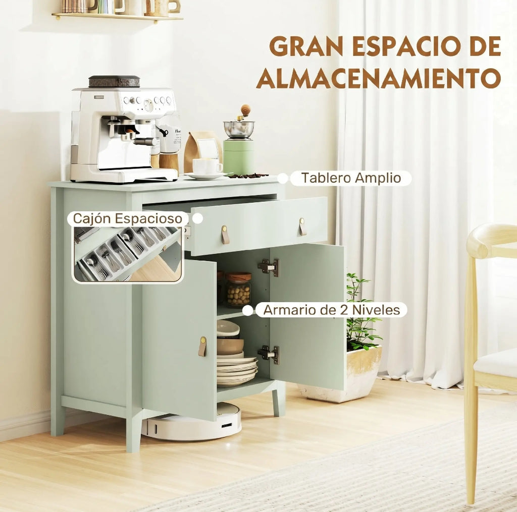 Aparador con Cajón y Armario de Almacenamiento Estante Ajustable 80x40x90 cm Verde y Roble
