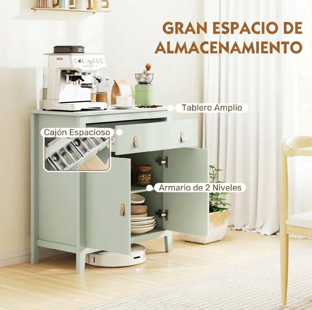 Aparador con Cajón y Armario de Almacenamiento Estante Ajustable 80x40x90 cm Verde y Roble