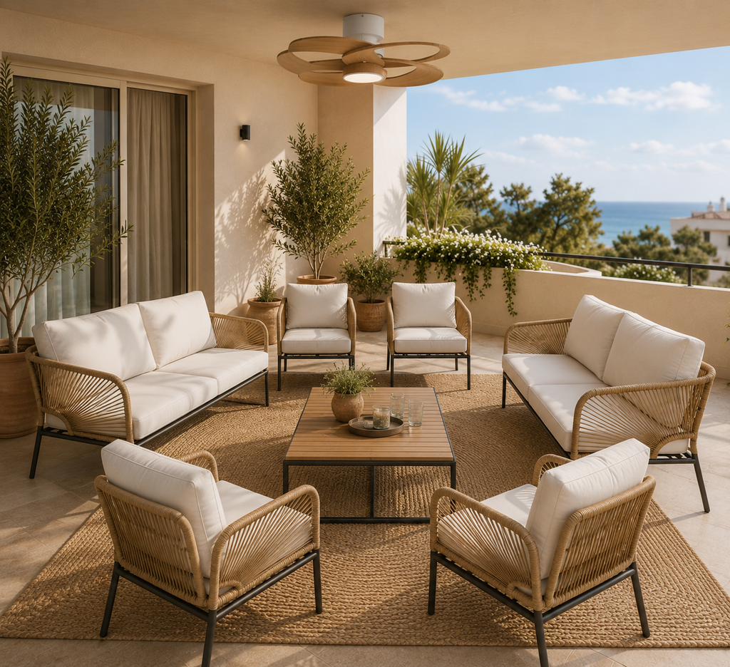 Conjunto de Jardín 4 Piezas con Sofá, 2 Sillones y Mesa Efecto Madera para Exterior
