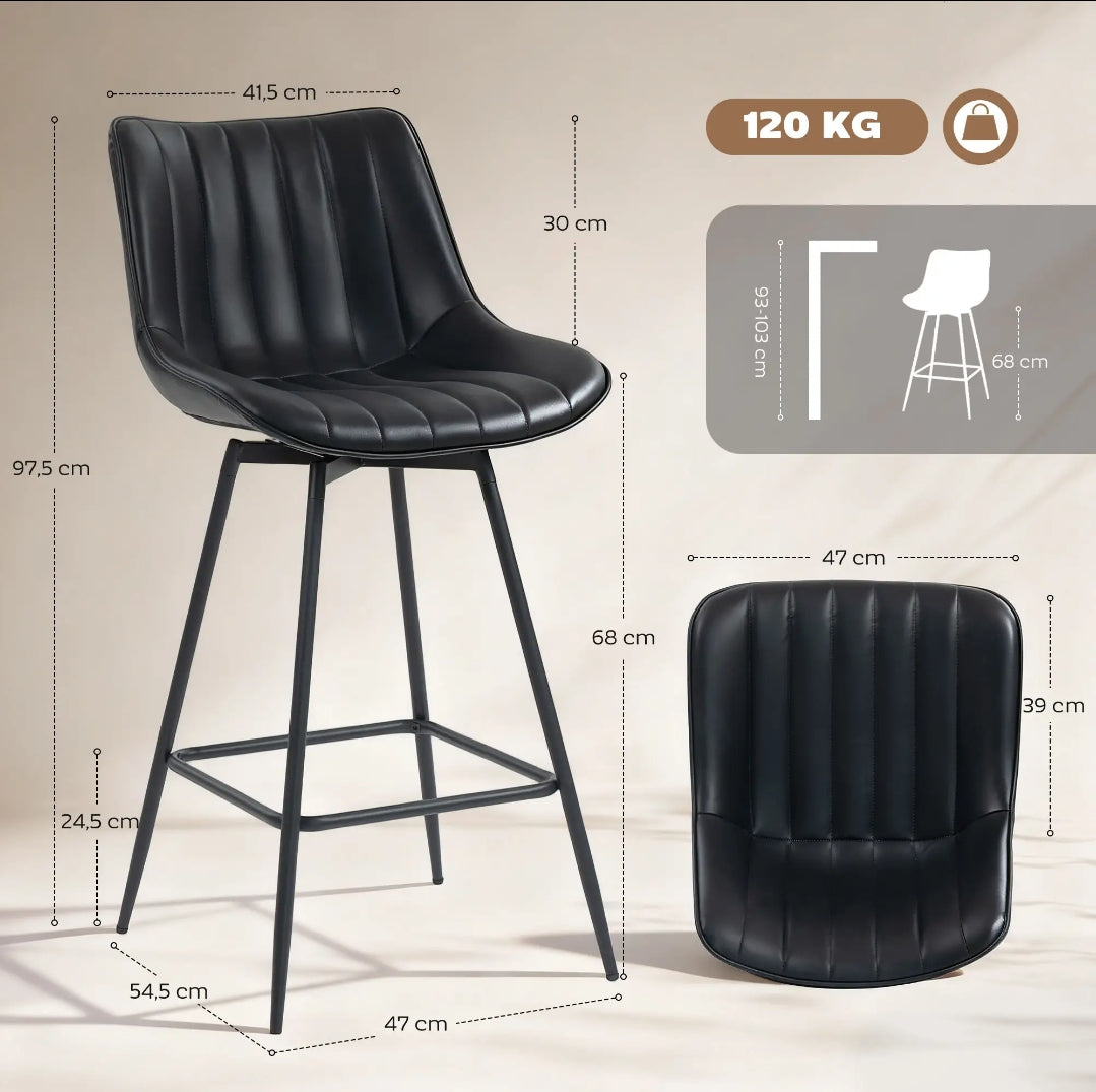 Juego de 2 Taburetes de Bar Giratorios 360° cuero sintético Negro | MooM Decó