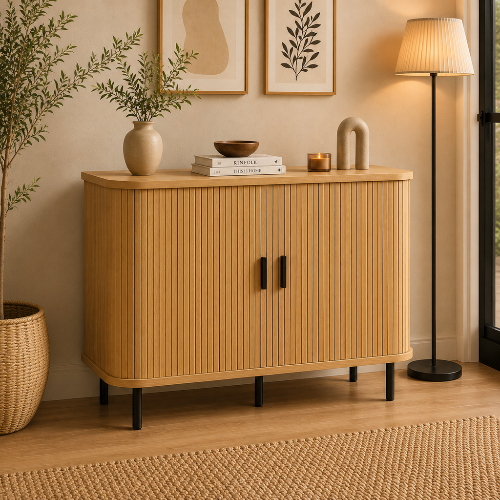 Aparador Vintage Roble y Negro con Puertas Correderas de Tambor 90 cm